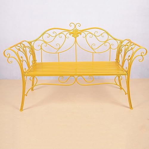Banc de jardin en métal jaune 2-3 places avec dossier et accoudoirs