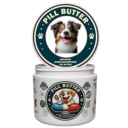Miniature American Shepherd Dog Treats to Wrap Pills (+100 Breeds) Jar of Non-Sticky Moldable Paste Made of Real Human Grade Dog Peanut Butter Treat, Food or Gift to Hide Dogs Pills (60 Servings)