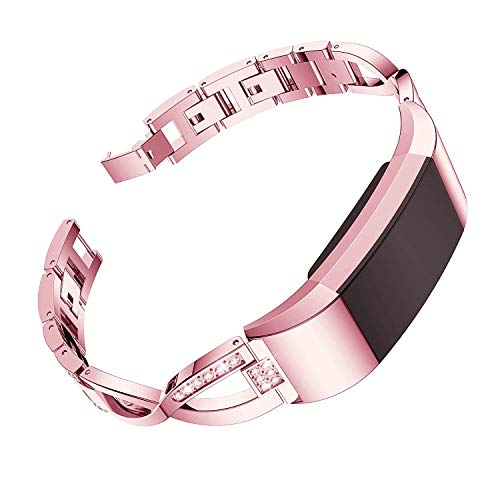 Aiiko Replacement for Charge 2 Bands for Women Metal Bangle/Bracelet/Assesories/Straps/Wrist Band Link Bracelet with Crystal Rhinestone Diamond Bling for Charge hr 2 Women-Rose Pink