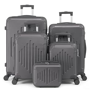 Karl home Suitcase Set of 5, Hand Luggage Set with Lock Moulded Corner 4 Wheels, ABS Hardside Trolley Travel Case with Beauty Case for Carry On Check-in Business Trip, Dark Grey (12/16/20/24/28)