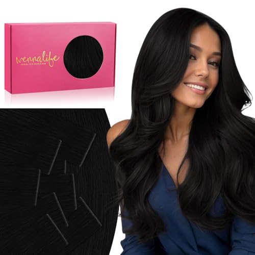 Image of WENNALIFE Invisi Edge Tape in Hair Extensions Human Hair | 20 Inch 50g 20pcs Jet Black Invisi Remy Hair tensions Natural Seamless Injected Tape Ins Straight tensiones