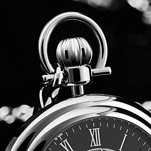 Stuhrling Original Men's Pocket Watch Stainless Steel Analog Skeleton Watch Hand Wind Mechanical Movement Stainless Steel Chain (Black) #TOP4