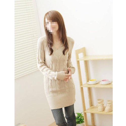 BestDealUSA Fashion Style Crochet V-neck Long Sleeve Lantern Sweater Dress Beige