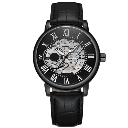 RORIOS Men's Mechanical Skeleton Automatic Watch, Black Leather Strap, Roman Numeral Dial, 42MM, 3ATM Waterproof, Glow In The Dark
