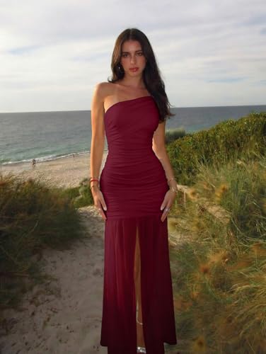 Image of LAGSHIAN Women's Elegant Formal Long Dress One Shoulder Sleeveless Ruched Bodycon Evening Dress