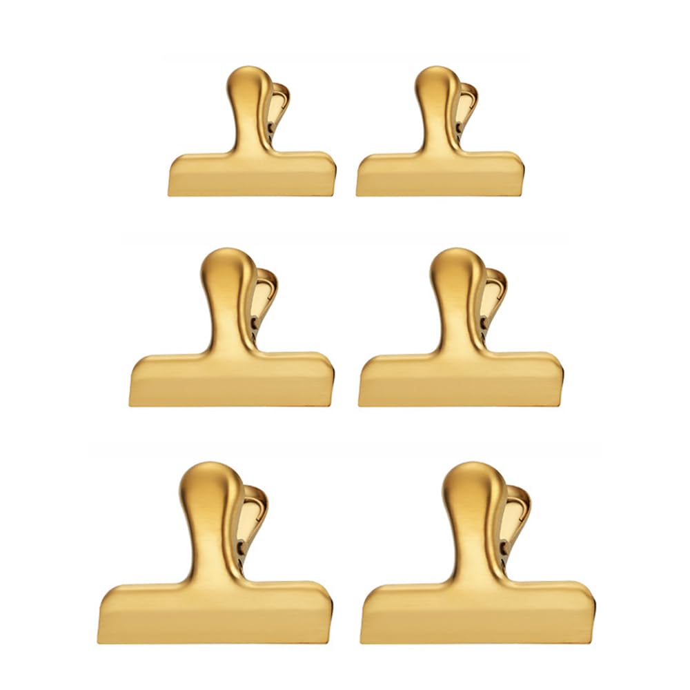 6 Pcs Metal Bulldog Clips, Metal Binder Paper Clamps, Stainless Steel Multifunctional Clips for Drawing Board, Pictures, Food Bags (Gold, Small+Medium+Large)