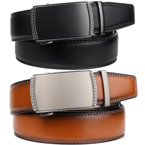 Image of 2 Pack Ratchet Belt 1 3 /8 inch, Mens leather Dress Belt in Gift Set Size 28 inch-62 inch Adjustable waist Trim to Fit (105black / Orange Brown, 28 inch-42 inch Waist Adjustable)