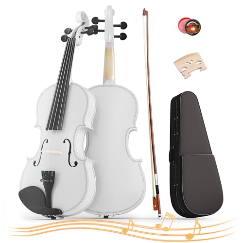 Image of 4 /4 Full Size Beginner Violin, Acoustic Fiddle Set for Adults, Teens, and Students (Age 12+), with Case, Bow, Bridge, and Rosin (White)