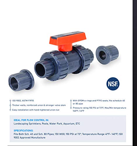 Midline Valve 482UT200 Heavy Duty PVC True Union Ball Valve Pink Handle 2'' FIP/Solvent Connections Grey Plastic, 2 in, Gray by Midline Valve - Image 5