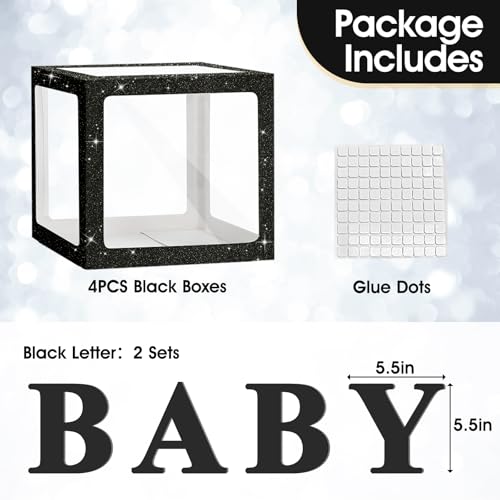 Image of Ledido Baby Boxes with Letters for Baby Shower Decorations, 4 pcs Clear Balloon Boxes with Letters for Boys Girls Gender Reveal Decorations Birthday Wedding Backdrop Party (Black Glitter)