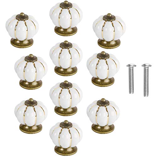 POFET Lot de 10 boutons de porte en céramique vintage en forme de citrouille Blanc