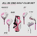 Precise M5 Womens Golf Clubs Full Set, Titanium Driver, S.S. Fairway, S.S. Hybrid, S.S. 5-PW Irons, Putter, Stand Bag, 3 H/C's, Golf Clubs Women Right Handed, Pink (Pink, Right Hand Tall Size)