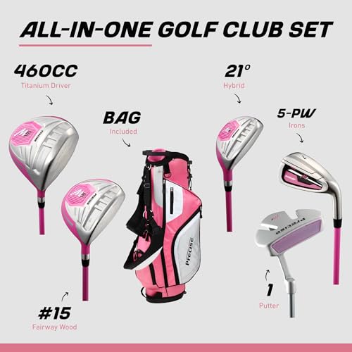 Precise M5 Womens Golf Clubs Full Set, Titanium Driver, S.S. Fairway, S.S. Hybrid, S.S. 5-PW Irons, Putter, Stand Bag, 3 H/C's, Golf Clubs Women Right Handed, Pink
