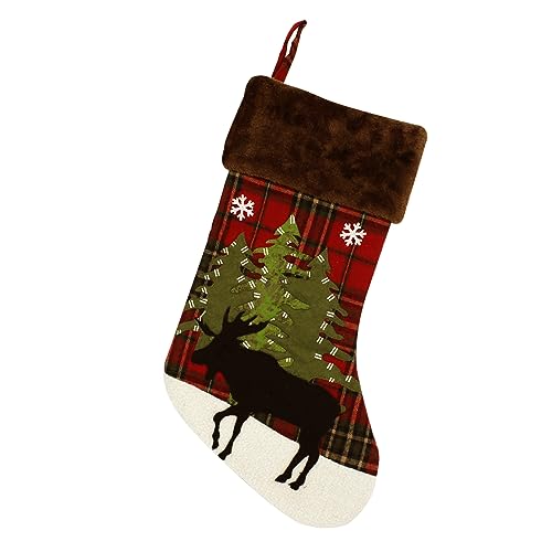 20 inch Reindeer Christmas Stockings, Buffalo Moose Xmas Stocking Cute Plaid Farmhouse Hanging Bags with Deer Snowflake and Tree Design for Child Kids Girls Boys Men Holiday Décor (Deer Black)