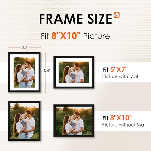 FIXSMITH 8x10 Picture Frame 1 Pack, Photo Frame with HD Plexiglass, Display Pictures 5x7 with Mat or 8x10 Without Mat, Picture Frames Collage for Tabletop or Wall Display, Black