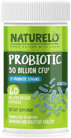 NATURELO Probiotics for Digestive Health – 50 Billion CFU, 11 Strains Daily Supplement – Boosts Immune System, Delayed Release, 60 Vegetarian Capsules