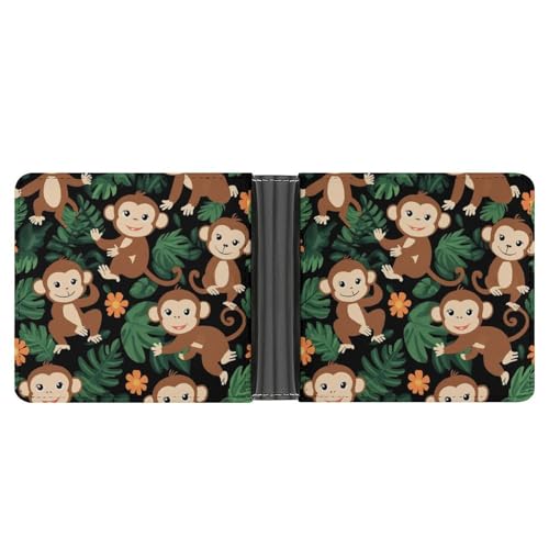 Travel Slim Bifold Wallet for Men, Compact Thin Credit Card Holder Organizer Green Leaves Cute Funny Monkey Pu Leather Purse Bags for Office Shopping