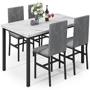 Hooseng 5-Piece Dining Table Set for 4 with Faux Marble Top & Velvet Chairs, Space Saving Modern Kitchen Table Set for Small Spaces, Apartments