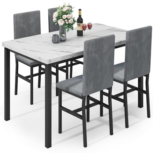 Hooseng 5-Piece Dining Table Set for 4 with Faux Marble Top & Velvet Chairs, Space Saving Modern Kitchen Table Set for Small Spaces, Apartments
