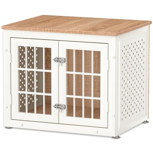 rehomerance 26" Heavy Duty Dog Crate Furniture for Small Dogs, Metal Kennel for High Anxiety Dogs, Chew Proof Pet Cage Indoor, Decorative Dog Kennel End Table,White