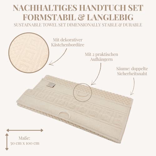 Carenesse 4er Handtücher Set 50 x 100 cm Natur I 100% ungebleichte & ungefärbte natürliche Baumwolle Öko-Tex 100 I Frottee Handtuch Set mit Waffelmuster & Bordüre I saugstark/weich