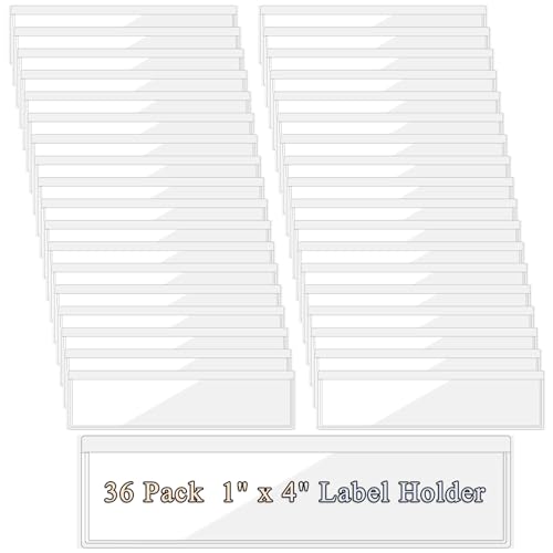 Antner 36 Pack 1.2" x 4.3" Self-Adhesive Label Holders Index Card Pockets for 1" x 4" Card, Clear Plastic Shelf Tag Label Holder Top Open for Loading for Bookshelf Mailbox Storage Bins Library Locker
