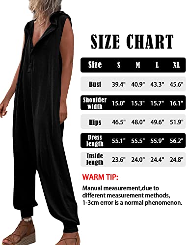 Rxozrxoz Womens Sleeveless Jumpsuit Button Hooded Jumpsuit One Piece Outfit Rompers Overalls With Pockets(Black-L) #TOP3