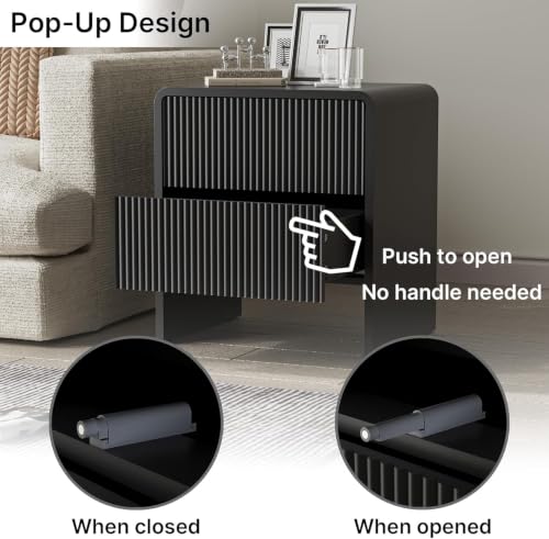 Image of Set of 2 Curved Nightstand with 2 Drawers, Wooden Bedside Table with Push to Open Storage, Modern End Table for Bedroom, Black