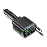 Upgraded Retractable Car Charger Adapter,3-Port & 2-Cable Car Phone Charger with 30W PD Fast Charging Cable & Voltage Display,5 in 1 Type C and USB Cars Chargers Adapter