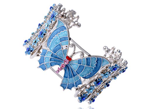 Alilang Silver Tone Blue Enamel Floral Crystal Rhinestone Flower Butterfly