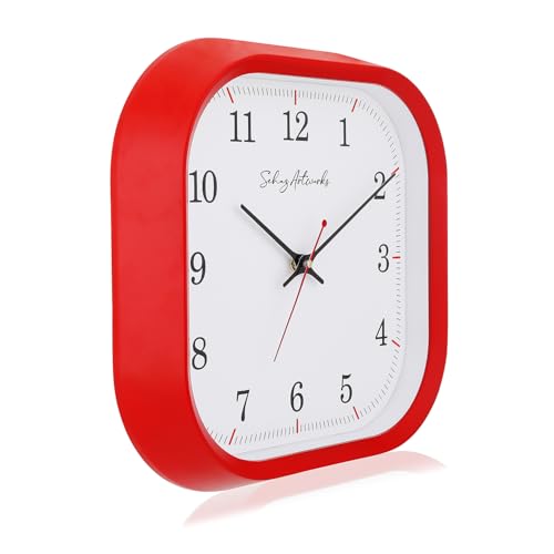 Image of Sehaz Artworks Silent Square Wall Clock for Hall | Red - 28x28 CM | Non Ticking, Designer Wall Clock for Bed Room Silent Sweep, Wall Watch for Living Room Stylish, Clock for Living Room Stylish