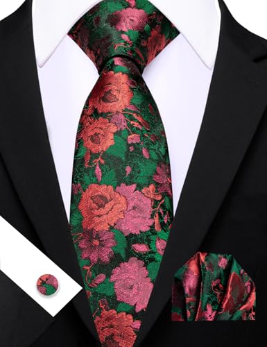 Image of Barry.Wang Flower Ties for Men Handkerchief Cufflinks Set Wedding Necktie Set Party