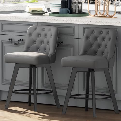 MINCETA 26 Inch Swivel Bar Stools Set of 2, Counter Height PU Leather Upholstered Barstools with Low Tufted Back, Footrest & Beech Wood Legs, 360° Bar Chairs for Kitchen Island, Home Bar Dark Gray