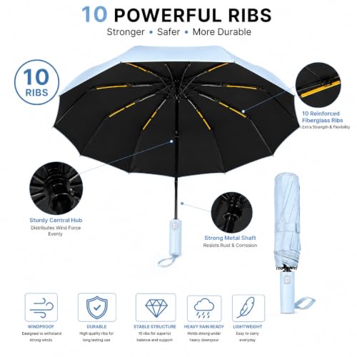 Image of Vasukie Compact Travel Umbrella with Ergonomic C-Shaped Handle, Wind Resistant Folding Umbrella for Men & Women, Lightweight Portable Umbrella for Travel, Office & Daily Use