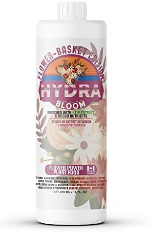 Hydrabloom Flower Basket Liquid Plant Fertilizer with Kelp Extract & Micronutrients - All Purpose Nutrient Plant Food For Flowers, Hanging Garden Baskets, Strawberries, Cut Indoor and Outdoor Blooms - Use in Soil, Hydroponic, Aeroponic, Aero, Air Grow Systems - 16 oz.