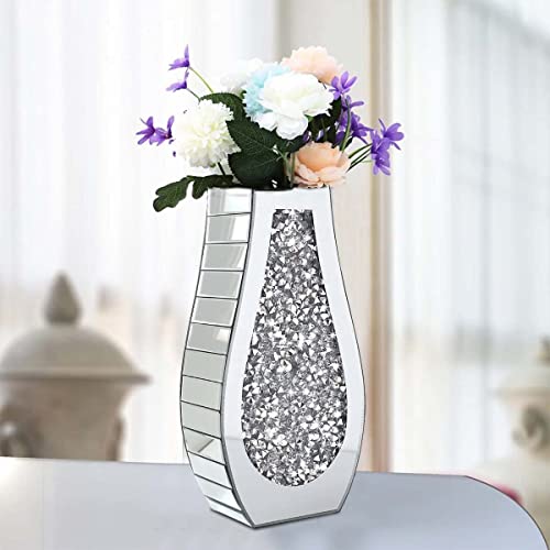 Bling Glass Flower Vase, Crushed Diamond Home Decor, Mirrored Stunning Silver, Crystal Decorative Flower Vases, Luxury, Glam, Glitter, Fancy, 2022 Model (15 Inch) #TOP7