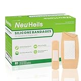 NeuHeils 80 Pks Silicone Bandages for Sensitive Skin Assorted Sizes - Small 0.75x3 (60Pcs) & Large 2x4 (20Pcs) | Non-Stick Pad, Hypoallergenic, Pain-Free Removal Wound Dressings for Fragile Skin