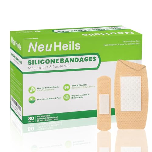 NeuHeils 80 Pks Silicone Bandages for Sensitive Skin Assorted Sizes - Small 0.75x3 (60Pcs) & Large 2x4 (20Pcs) | Non-Stick Pad, Hypoallergenic, Pain-Free Removal Wound Dressings for Fragile Skin