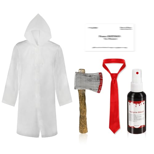 HOWAF 5pcs Halloween Psycho Killer Costume Include Raincoat Red Ties Fake Blood Business Card Plastic Fake Axe for Men Women Cosplay Party Dress Up Psycho Movie Character Costume