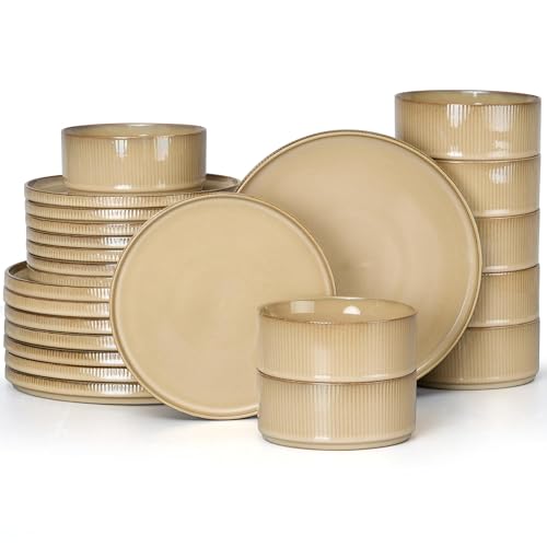 Image of E-far 24-Piece Stoneware Dinnerware Sets, Plates and Bowls Sets for 8, Kitchen Modern Dinning Porcelain Dishes Set, Chip & Scratch Resistant, Dishwasher & Microwave Safe, Caramel Khaki