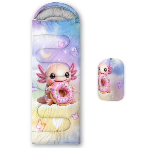 AILONEN Kawaii Axolotl Sleeping Bag,3 Season Warm & Cool Weather,Lightweight,Waterproof,Cartoon Doughnut Axolotl Sleeping Bag for Girls Kids Adults,Traveling,Outdoors