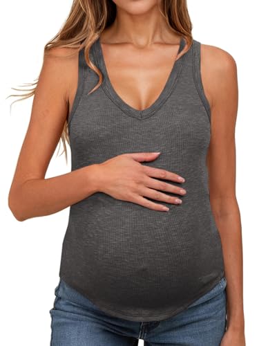 UNCLECAT Women's Maternity Tank Tops Summer V-Neck Sleeveless Pregnancy Clothes Casual Basic Shirt Dark Grey