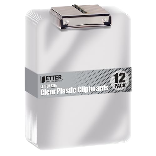 Better Office Products Clear Plastic Clipboards, 12 Pack, Durable, 12.5 x 9 Inch, Low Profile Clip, Translucent Clear, Set of 12