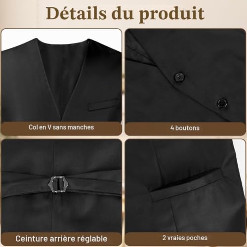 BSBUY Gilets Costume Homme, 3/1PCS Ensemble Paisley Floral Jacquard avec Mouchoir Pocheet Cravate/Couleur Unie Classique Gilets sans Manches à col en V, Gilets Mariage, Costume D'affaires(M~XL) – vue 5