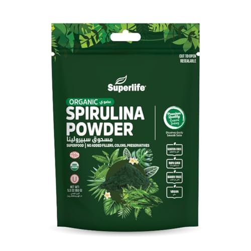 Superlife Organic Spirulina Powder | Cleanest Organic Spirulina Water Green Microalgae | Excellent Source of B12 Vitamin A & Iron | Premium Superfoods Conscious Sourcing | 150 Grams