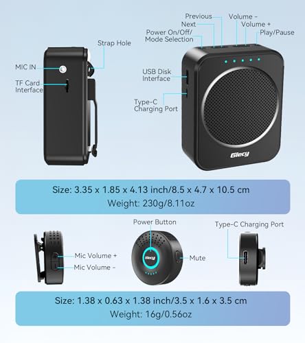 Giecy Sprachverstärker mit Kabellosem Lavalier-Mikrofon Tragbar, DSP Anti-Feedback, 2800mAh Akku, PA-System für Lehrer, Führungen, Präsentationen, Outdoor