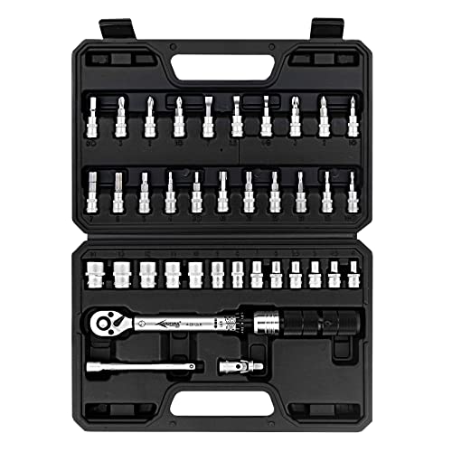 Aeroforce 37Pcs 1/4-Inch Drive Click Torque Wrench Set（4-20Lb.ft/5.4-27.2Nm) 72-Tooth Dual-Direction Reversible Bike Torque Wrench With Extension Bar, Sockets&Universal Joint, Maintenance Kit For Mtb. #TOP1