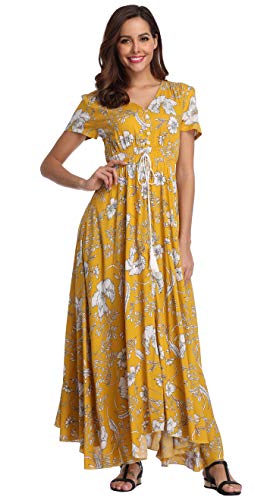 Image of VintageClothing Women's Floral Maxi Dresses Boho Button Up Split Summer Casual Long Dress Beach Party Dress
