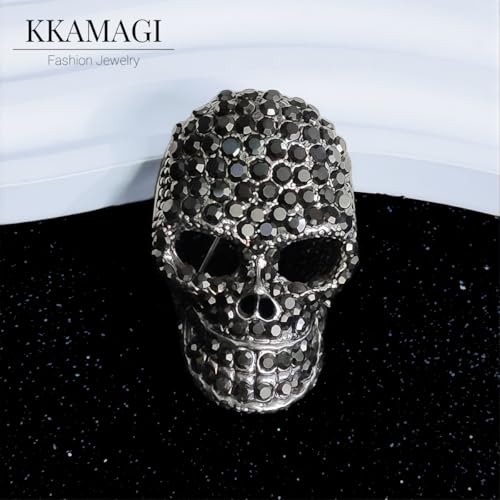 Image of Punk Skull Brooch Pins For Womem Men Black Skeleton Halloween Jewelry Gift | Gothic, Retro Design, Shiny, Diamond Brooch, Low Allergenicity