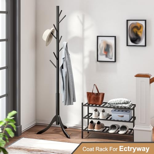 Coat Rack Freestanding, Coat Stands Entryway, Bamboo Coat Rack Hat Hanger 8 Hook for Jacket, Purse, Scarf Rack, Umbrella Tree Stand (Black) - Thumbnail 5